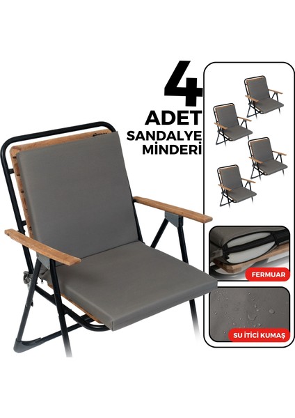 4'lü Sandalye Minderi Su Itici Kumaş 40X40 cm Sünger Sırtlıklı Sandalye Minderi Bağcıklı Antrasit