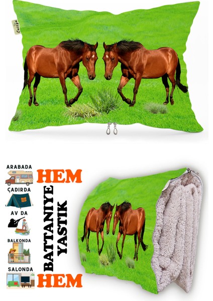At Desen Baskılı Tv Battaniyeli Opsiyonel Dekoratif Hediye Yastık Battaniye 2in1 Gifts