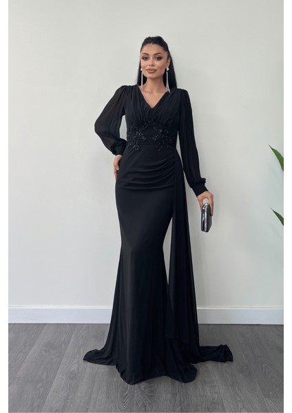 Şifon Kumaş Boncuk Işlemeli Şal Detaylı Abiye Elbise - Siyah