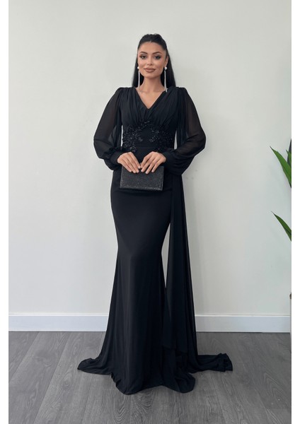 Şifon Kumaş Boncuk Işlemeli Şal Detaylı Abiye Elbise - Siyah fiyatları