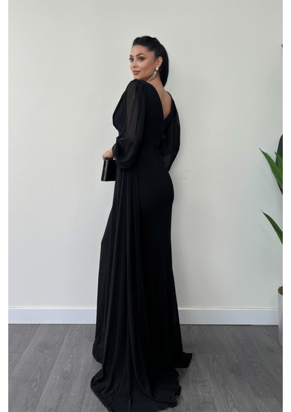 Şifon Kumaş Boncuk Işlemeli Şal Detaylı Abiye Elbise - Siyah fırsatları