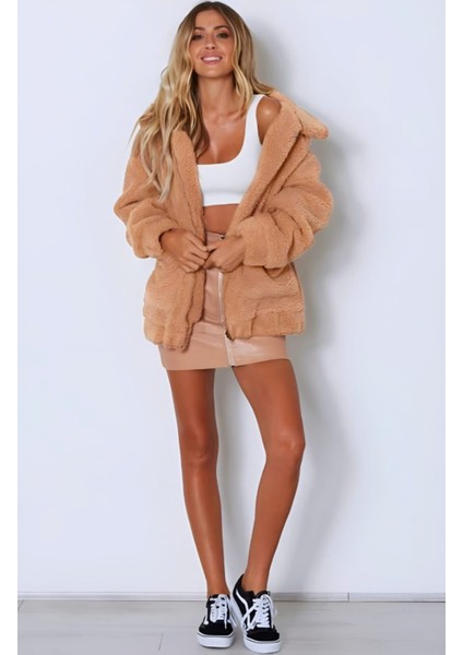 Fermuarlı Çift Cepli Peluş Mont