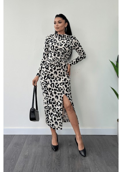 Krep Desenli Kumaş Burgu Detaylı Kalem Elbise - Siyah fiyatları