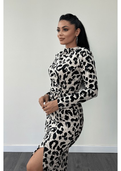 Krep Desenli Kumaş Burgu Detaylı Kalem Elbise - Siyah modelleri