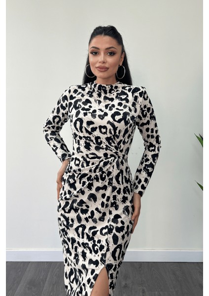 Krep Desenli Kumaş Burgu Detaylı Kalem Elbise - Siyah fırsatları
