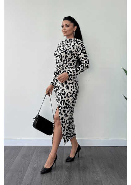 Krep Desenli Kumaş Burgu Detaylı Kalem Elbise - Siyah indirimleri