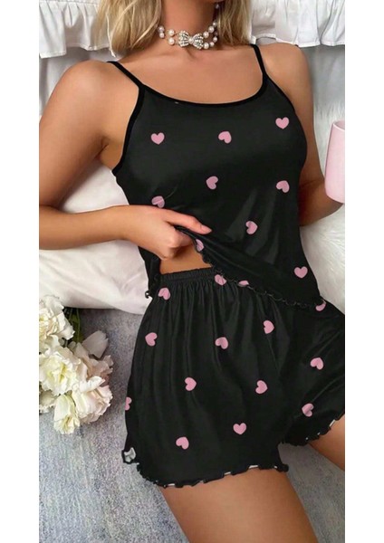 Saten Siyah Kalpli Şortlu 2li Saten Kadın Pijama Alt Üst Takımı fiyatları