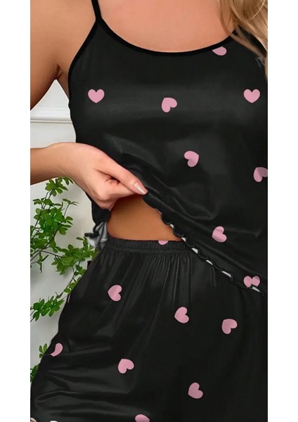 Saten Siyah Kalpli Şortlu 2li Saten Kadın Pijama Alt Üst Takımı fırsatları