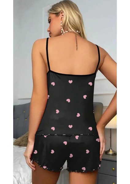 Saten Siyah Kalpli Şortlu 2li Saten Kadın Pijama Alt Üst Takımı indirimleri