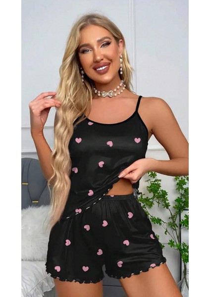 Saten Siyah Kalpli Şortlu 2li Saten Kadın Pijama Alt Üst Takımı
