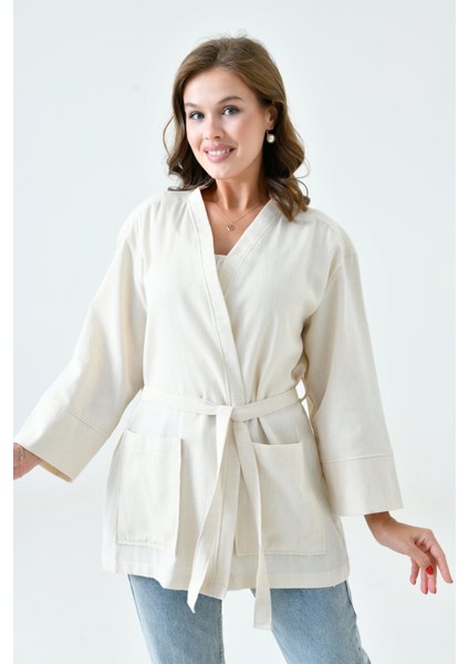 Krem Kadın Cepli Ceket | Uzun Kollu Kuşaklı Kimono | Premium Ham Pamuk Kumaş