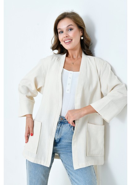 Krem Kadın Cepli Ceket | Uzun Kollu Kuşaklı Kimono | Premium Ham Pamuk Kumaş