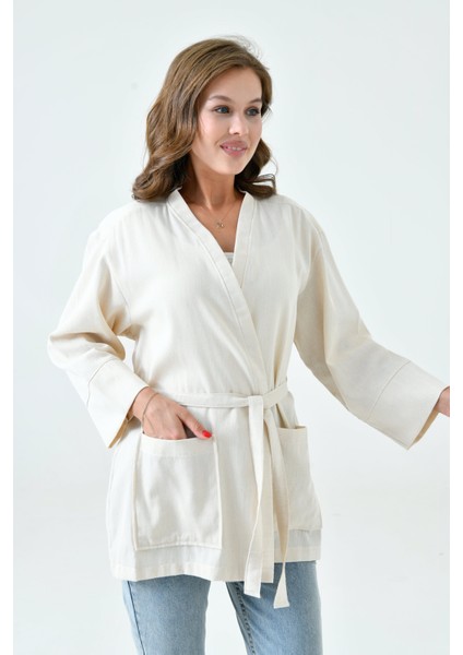 Krem Kadın Cepli Ceket | Uzun Kollu Kuşaklı Kimono | Premium Ham Pamuk Kumaş