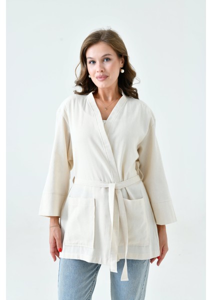 Krem Kadın Cepli Ceket | Uzun Kollu Kuşaklı Kimono | Premium Ham Pamuk Kumaş