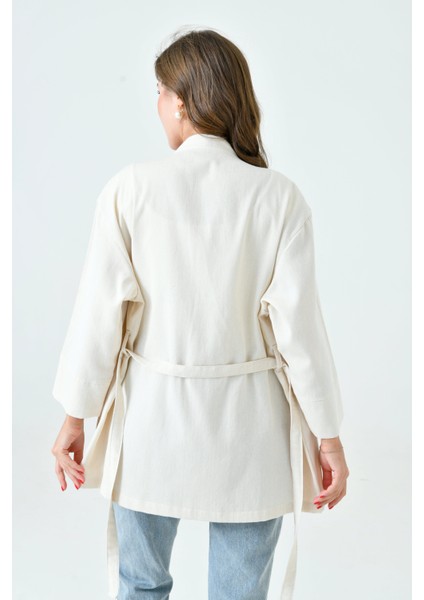 Krem Kadın Cepli Ceket | Uzun Kollu Kuşaklı Kimono | Premium Ham Pamuk Kumaş
