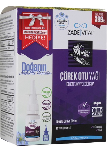 Zade Vital Çörek Otu Yağı 60 Kapsül + Nigefix Sprey 10 ml Hediye