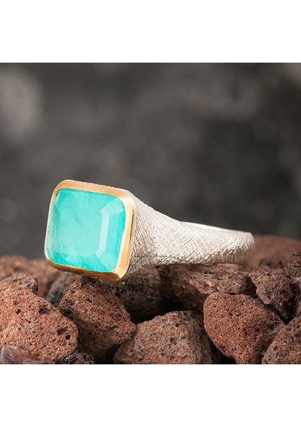Paraiba Tourmaline Dikdörtgen Taşlı Otantik Kadın Gümüş Yüzük
