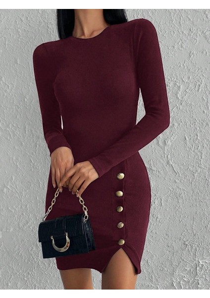Kadın Bordo Uzun Kollu Bisiklet Yaka Yan Yırtmaç Düğme Detay Kısa Kaşkorse Elbise