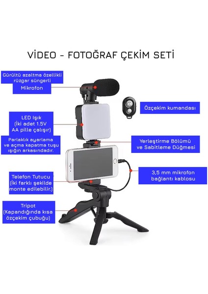 LED Işıklı Mikrofonlu Tripotlu Kumandalı Video Kayıt Fotoğraf Öz Çekim Seti