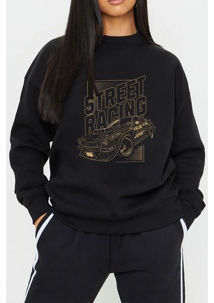 Araba Yarışı Baskılı Siyah Kadın Erkek Pamuklu Sweatshirt Cu8