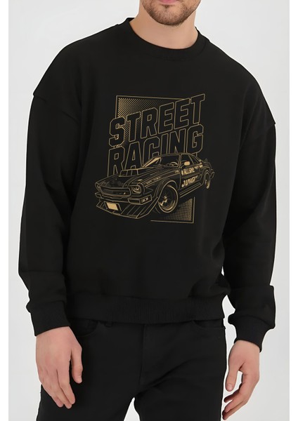 Araba Yarışı Baskılı Siyah Kadın Erkek Pamuklu Sweatshirt Cu8