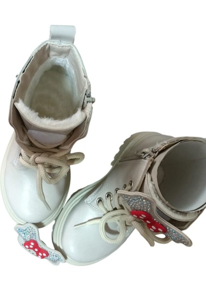 Kürklü Fermuarlı Kaymaz Kauçuk Ortopedik Taban Micro Materyal Özellik Kalpli Taşlı Bej Kız Bot fırsatları