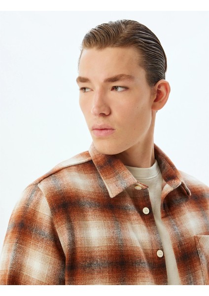 5Wam60023Hw 2C0 Turuncu Ekose Erkek Akrılık Dokuma Uzun Kollu Gomlek