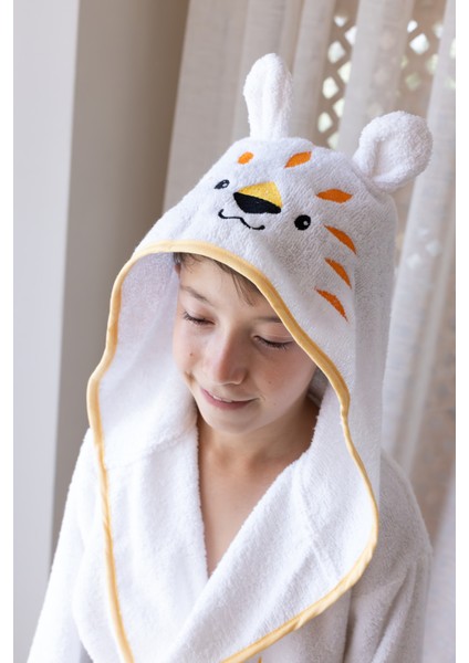 Kapüşonlu Çocuk Bornozu,pamuklu,kulaklı,hayvan Figürlü-Kaplan