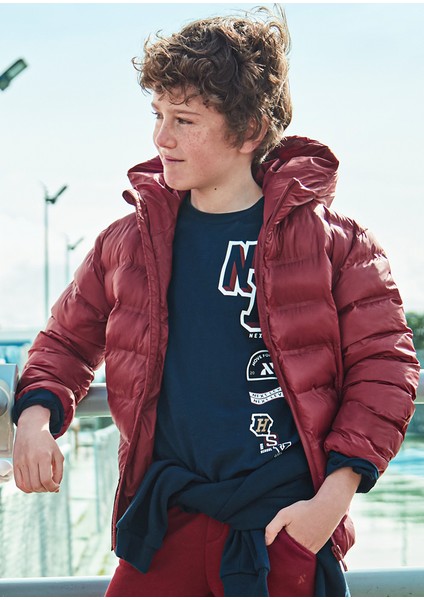 7456 Erkek Çocuk Bordo Kapüşonlu Mont