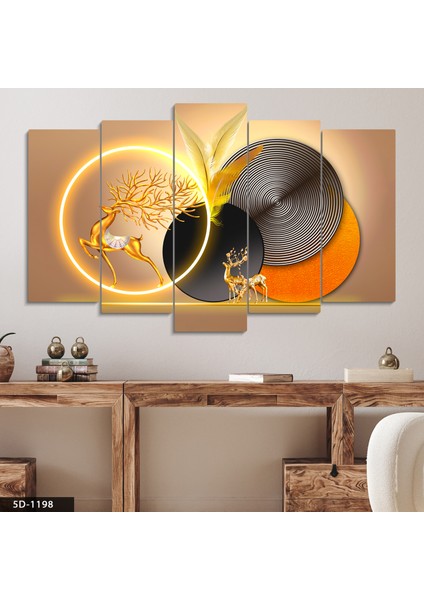 Gold Geyik Geometrik Desenler 5 Parça Mdf Tablo