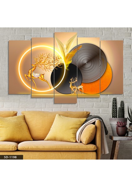 Gold Geyik Geometrik Desenler 5 Parça Mdf Tablo fiyatları