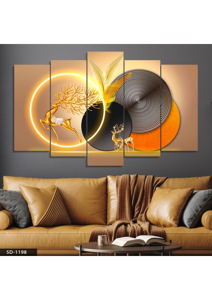 Gold Geyik Geometrik Desenler 5 Parça Mdf Tablo modelleri