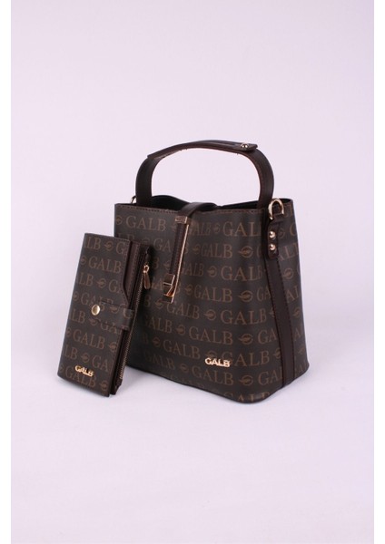 Kadın Omuz Çantası 4 Bölmeli Ayarlanabilir Geniş Askılı 22X20 cm 2055 Galb Kahve Cüzdanlı