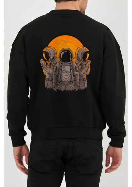 Astronot Uzay Baskılı Siyah Kadın Erkek Pamuklu Sweatshirt Cu15