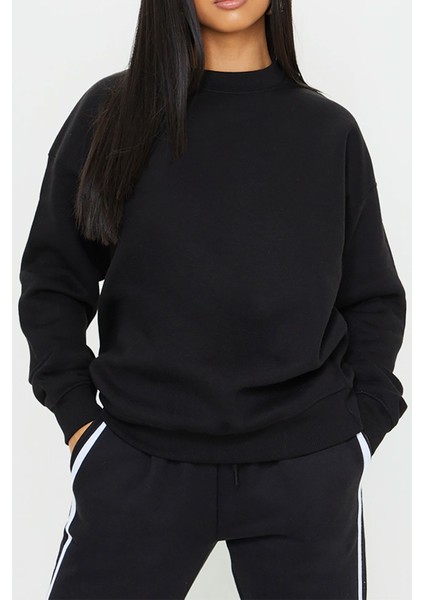 Astronot Uzay Baskılı Siyah Kadın Erkek Pamuklu Sweatshirt Cu15
