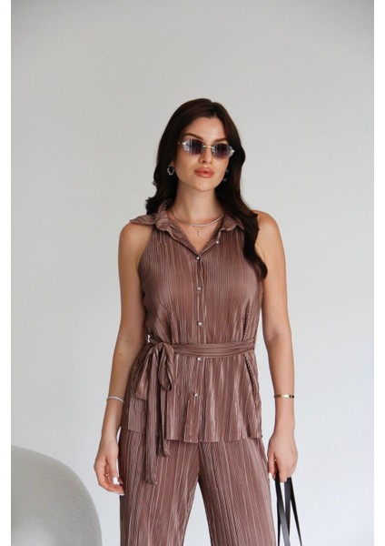 Julidress Vizon Taş Düğmeli Kuşaklı Kolsuz Gömlek Pantolon Alt Üst Premium Piliseli Takım