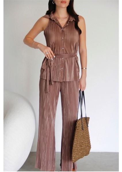 Julidress Vizon Taş Düğmeli Kuşaklı Kolsuz Gömlek Pantolon Alt Üst Premium Piliseli Takım