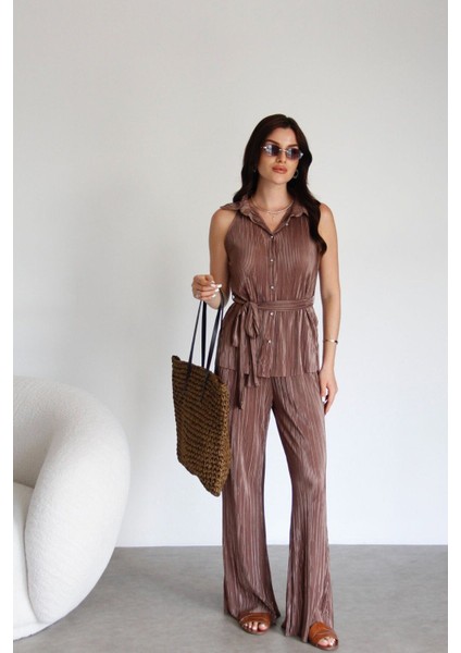 Julidress Vizon Taş Düğmeli Kuşaklı Kolsuz Gömlek Pantolon Alt Üst Premium Piliseli Takım