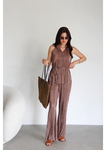 Julidress Vizon Taş Düğmeli Kuşaklı Kolsuz Gömlek Pantolon Alt Üst Premium Piliseli Takım