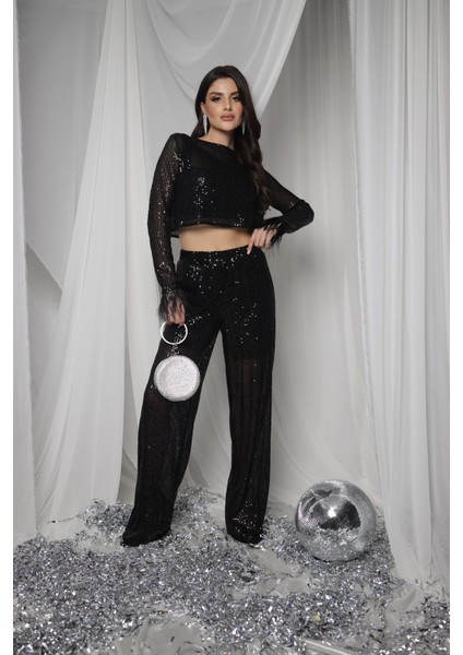Siyah Pul Payet Transparan Tüy Detaylı Crop Bluz Beli Lastikli Şort Astarlı Pantolon Alt Üst Takım