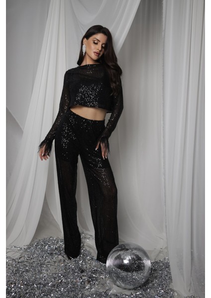 Siyah Pul Payet Transparan Tüy Detaylı Crop Bluz Beli Lastikli Şort Astarlı Pantolon Alt Üst Takım