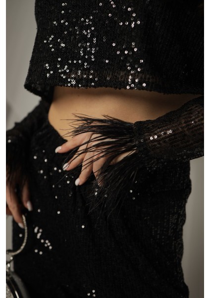 Siyah Pul Payet Transparan Tüy Detaylı Crop Bluz Beli Lastikli Şort Astarlı Pantolon Alt Üst Takım