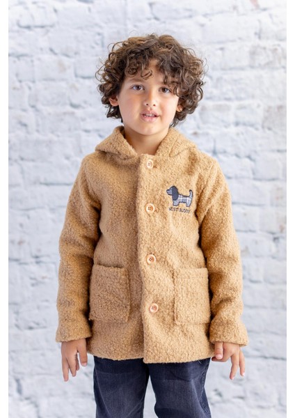 Erkek Bebek Köpek Nakışlı Peluş Kaban - Bej