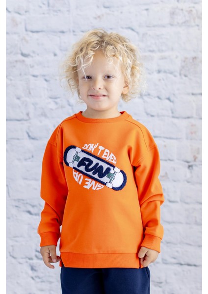 Erkek Çocuk Baskı Nakış Detaylı Sweatshirt - Turuncu