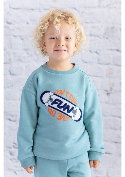 Erkek Çocuk Baskı Nakış Detaylı Sweatshirt - Mint