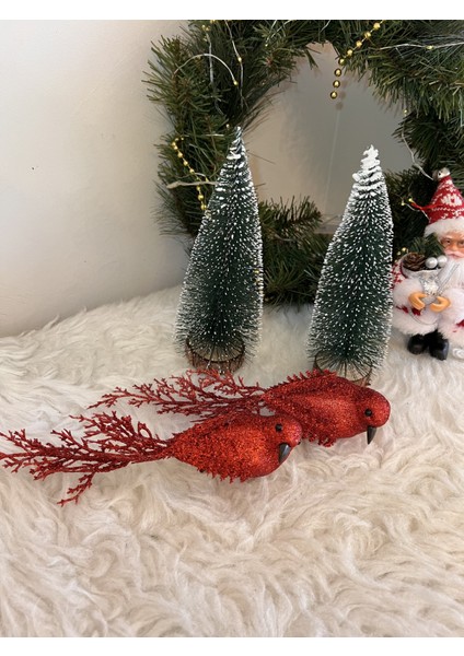 Yılbaşı 2li Kırmızı Simli kuş noel süsü ağaç yeniyıl 21 cm