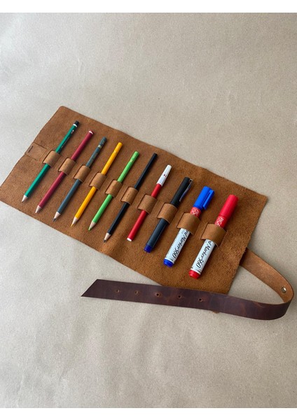 (İsim Yazıyoruz) El Yapımı Hakiki Deri Rulo Kalemlik / Rulo Fırçalık