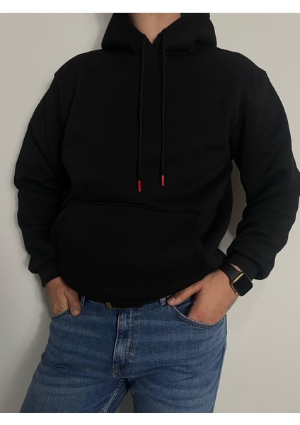 Erkek Kışlık, Pamuklu, Yumuşak, Düz ,kapüşonlu Siyah 3 Iplik Sweatshirt