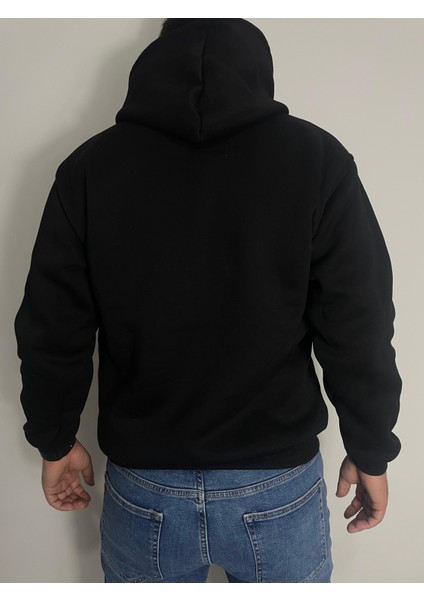 Erkek Kışlık, Pamuklu, Yumuşak, Düz ,kapüşonlu Siyah 3 Iplik Sweatshirt