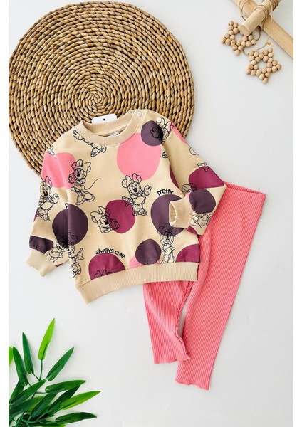 Mnn Geometrik Desenli Fitilli Kız bebe takım - Pembe